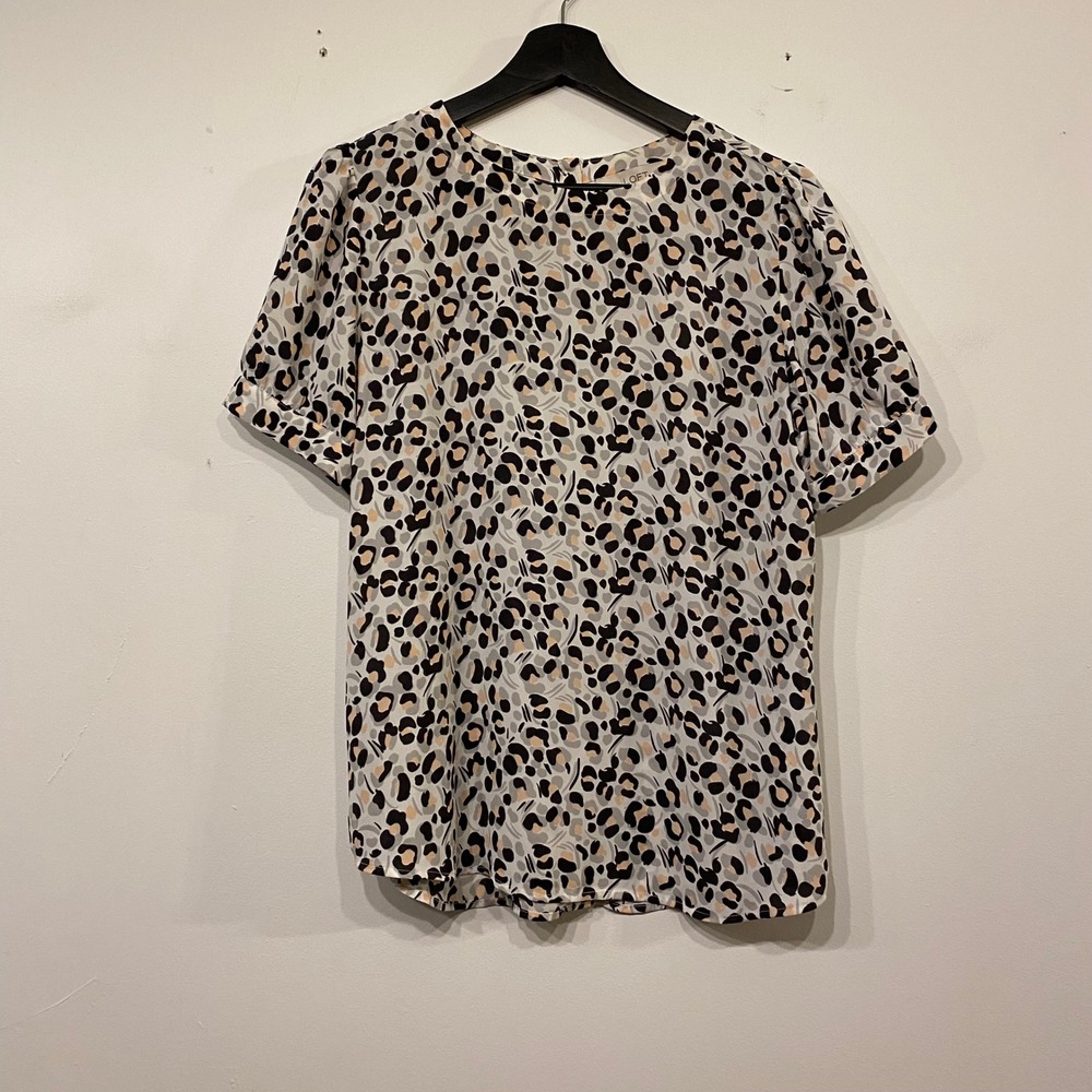 LOFT Womens Leopard Print Short Sleeve Button Back Blouse Grey Peach Medium